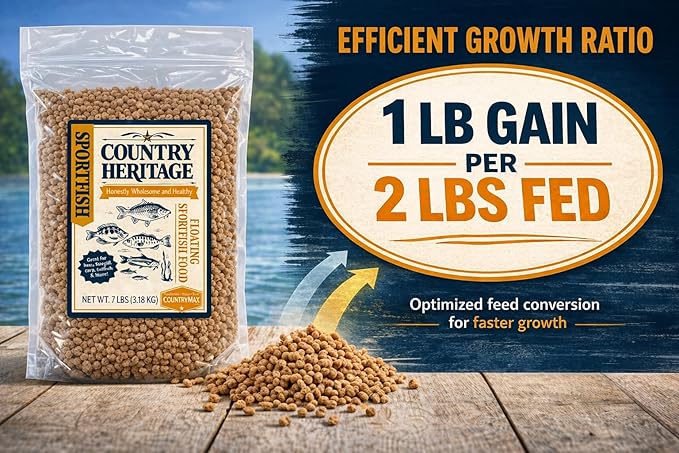 CountryMax Floating Sportfish Game Fish Food – 32% Protein, 7 lb Bag – Ideal for Bass, Bluegill, Catfish, Carp, Minnows & More – Pond & Lake Use