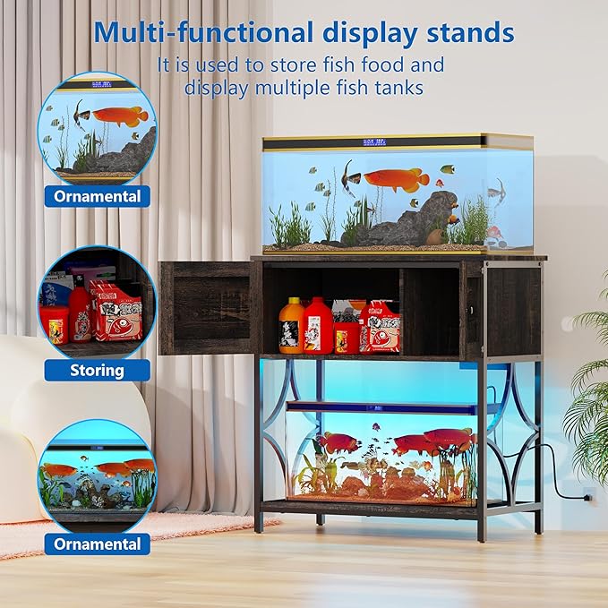 20-29 Gallon Fish Tank Stand, Aquarium Stand with Power Outlets &LED Light, Metal Frame Fish Tank Stand with Cabinet Accessories Storage, 30.7" L*15.7" W Tabletop, 330LBS Capacity, Dark Oak