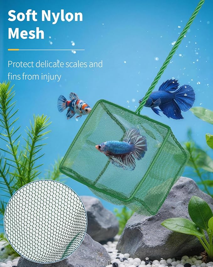 Pawfly Aquarium Fish Net with Braided Metal Handle Square Net with Soft Fine Mesh Sludge Food Residue Wastes Skimming Cleaning Net for Fish Tanks Small Koi Ponds and Pools