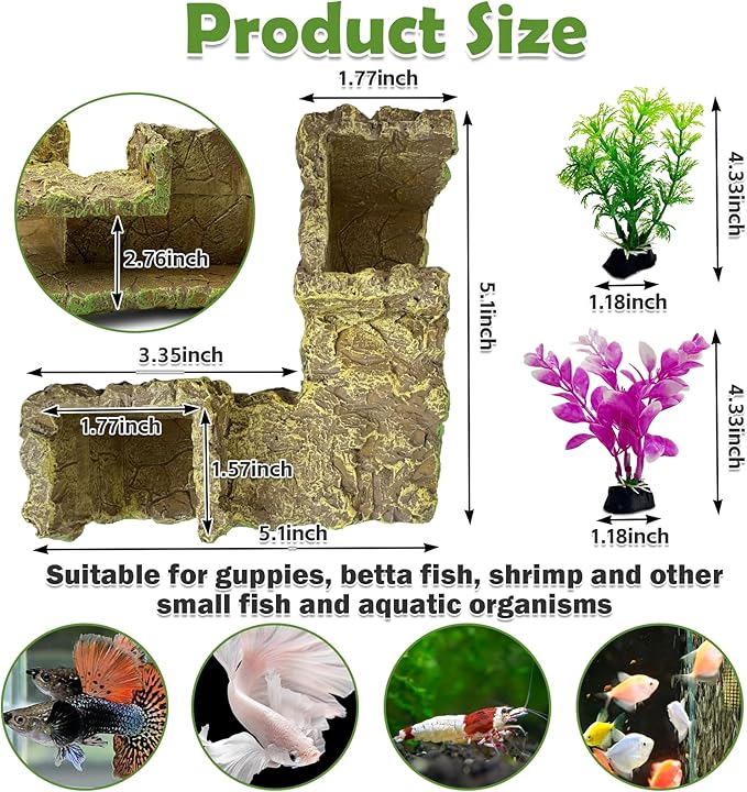 kathson Aquarium Hideaway Cave Underground Tunnel Hideout Wood-Like Fish Tank Cave for Corners View Fish in Aquarium Decoration with 2PCS Plastic Aquatic Plants for Betta Shrimp Guppy Hide