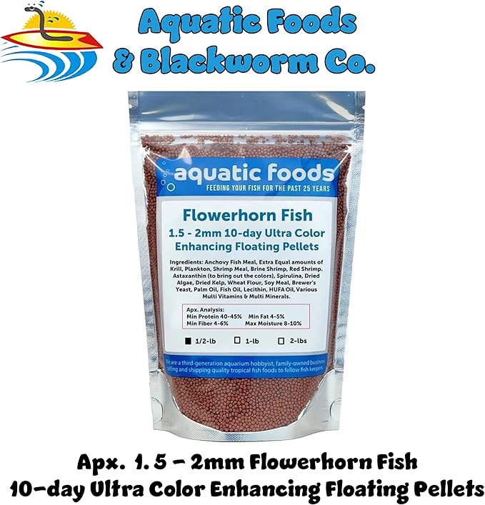 Flowerhorn Fish Ultra Red Color Enhancing 1.5mm-2mm Floating Pellets. Color Enhancing in 10-Days for Baby, Juvenile and Adult Flowerhorn…1/2-lb Bag