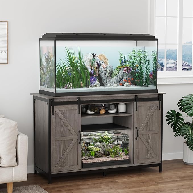 VOWNER Farmhouse 55-75 Gallon Fish Tank Stand with Power Outlet, Aquarium Stand with Storage Cabinet and Sliding Barn Door, Heavy Duty Reptile Tank Stand, for 2 Tanks, 1000LBS Capacity, Grey