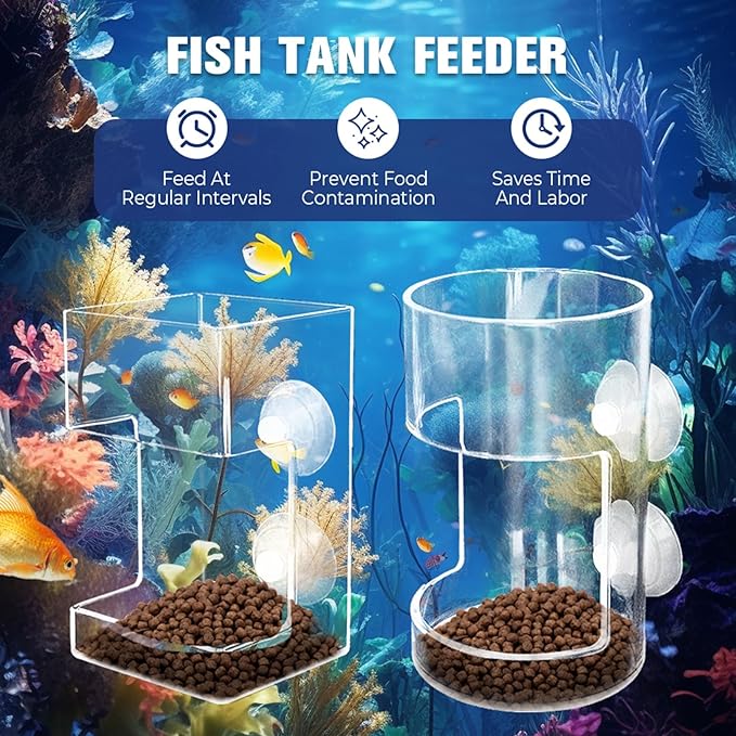 Fish Feeder for Aquarium, Acrylic Fishs Feeding Tube Ring with Suction Cup, No Mess Feeder Dish Accessories, Turtle Shrimp Fishs Tank Stand for Fish Tank,Preventing Food Scattering (Square)