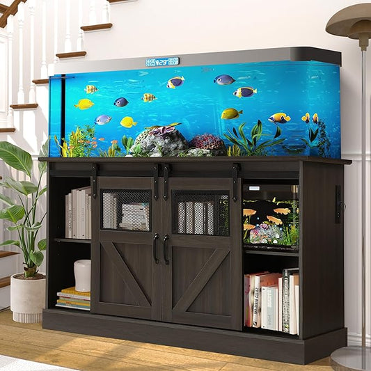 55-75 Gallon Fish Tank Stand with Sliding Barn Doors & Power Outlet, Heavy Duty Aquarium Stand with Cabinet Storage for 2 Fish Tank/Turtle Tank/Reptile Terrarium Accessories, 1300LBS (Grey)
