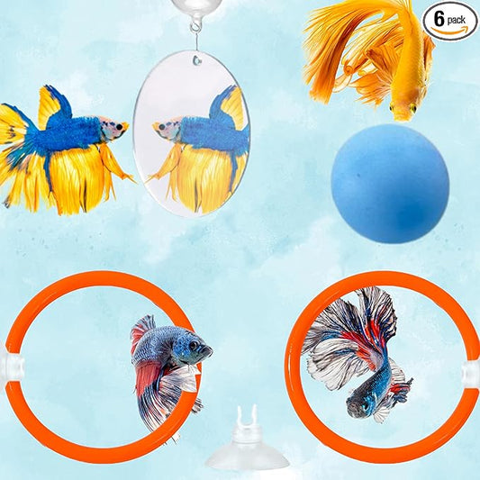 Betta Mirror Enrichment Fish Toys Stimulation, 2 pcs Exercise Feeding Rings And Training Mirror With Floating Ball Toy, Betta Fish Tank Accessories, Small Aquarium Tank Decoration (Orange, M)
