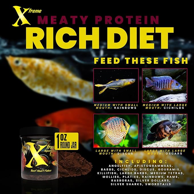 Xtreme Beef Heart Flakes - High Protein, Nutrient-Dense for Tropical & Freshwater Fish, Supports Growth, Color Enhancement, Easy Digestion - Ideal for Discus and Cichlids (1oz)