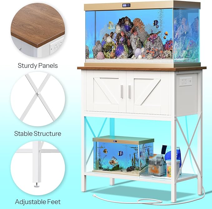 HOOBRO 20 Gallon Fish Tank Stand with Power Outlets and LED Light, Metal Frame Aquarium Stand, Reptile, Turtle Tank Stand with Cabinet Storage, 300 LBS Capacity, White and Walnut WH40UDFT01