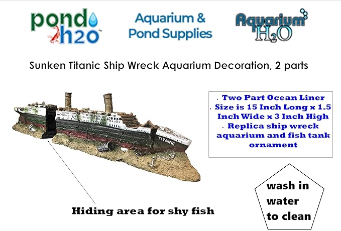 Sunken Titanic Ocean Liner Ship Wreck Aquarium & Fish Tank Decoration Ornament, 2 Parts, Aquarium Cruise Ship Shipwreck Decorations Fish Tank Ornament, Resin Material Sunken Ship