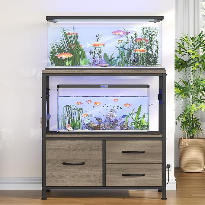 Heybly 20-29 Gallon Fish Tank Stand, Aquarium Stand with Drawer, Power Outlet, Heavy Duty Metal Frame, for Fish Tank, Turtle & Reptile Terrarium, 31.5" x 15.7" Top, 330lbs, Rustic Gray HAS001SG