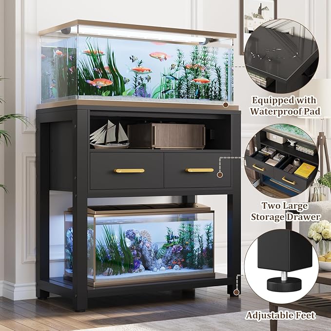 EOSVALO 20-29 Gallon Aquarium Stand with Stable Metal Frame & Power Outlet, Heavy-Duty Fish Tank Stand with Waterproof Mat, 550LBS Capacity Storage Cabinet, Black