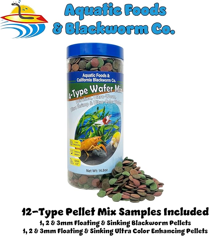 4-Type 12mm - 1/2" Sinking Wafer Mix of Spirulina-Algae, Ultra-Worm, Shrimp, Color Enhancing for Shrimp, Snails, Crayfish, Bottom Fish, 12-Type Pellets Included...1-lb 6oz Canister