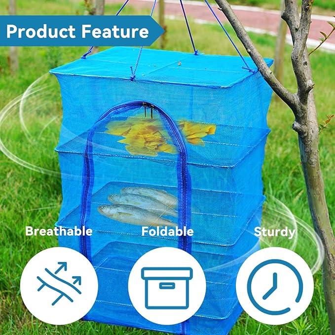 HERCHR Foldable Fish Drying Net, Collapsible Laundry Rack Net with Zippers 3 Layers Meat Drying Net Drying Rack Net Folding Fish Mesh for Shrimp Fish Fruit Vegetables