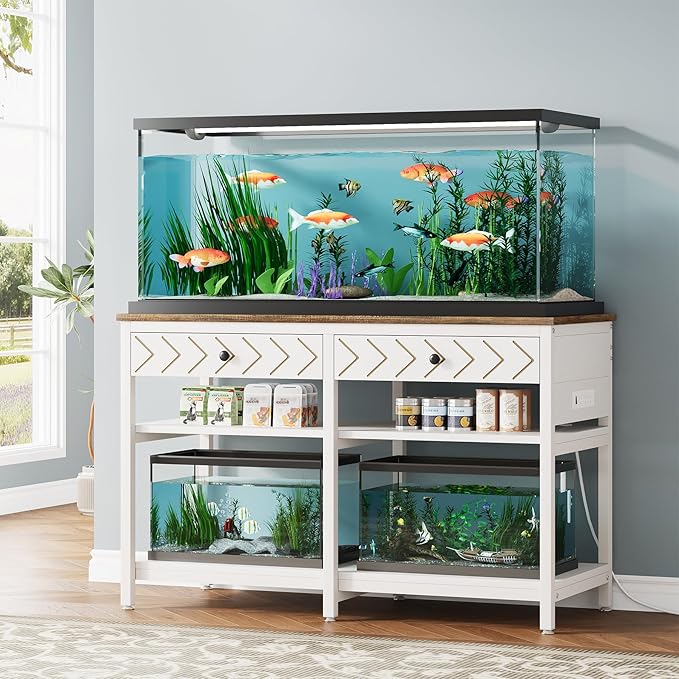 40-50 Gallon Aquarium Stand, Fish Tank Stand with Power Outlets and Drawers, Heavy Duty Metal Reptile Tank Stand for Turtle, 911LBS Capacity, White and Brown (No Aquarium)
