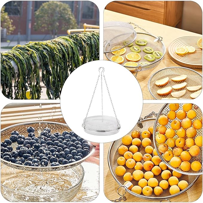 Hanging Fish Drying Net – Round Stainless Mesh Rack, Foldable Food Dehydrator | Multi Tier Dry Net Basket, Fly Resistant Hanging Racks for Herbs, Seafood, Spices, Fruits and Kitchen Gardens