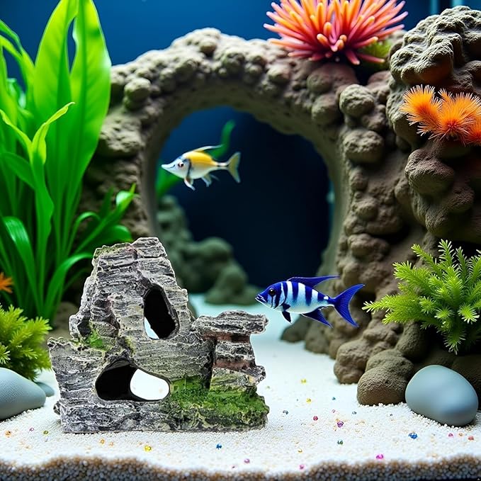 Artificial Moss Rock Aquarium Stone Cave – Resin Fish Tank Decor for Hiding and Landscaping, Small Mountain Terrain Ornament, Natural-Looking Habitat for Fish, Shrimp, and Reptiles, Decoration