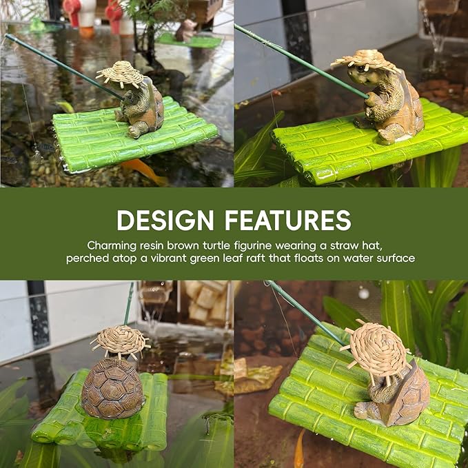 Resin Turtle on Leaf Raft Adorable Floating Aquarium Decor with Straw Hat Resin Figurine for Aquatic Fun