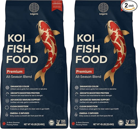 2 Pack Koi Fish Food (45lb) - Growth & Color Formula, High Protein Floating Pellets with Spirulina, Krill & Probiotics, Easy to Digest, Cleaner Water, All Season - for Koi, Goldfish & Pond Fish