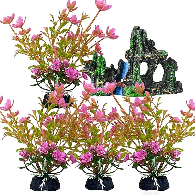 4 PCs Artificial Aquarium Plants with Rock Cave Ornament Set, Small Aquarium Decor Set, Plastic Aquatic Plants for Betta Fish, Fish Tank Decorations Accessories for Freshwater Aquarium
