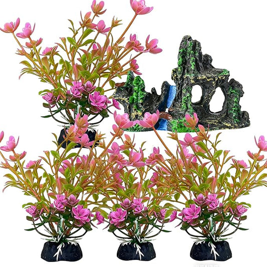 4 PCs Artificial Aquarium Plants with Rock Cave Ornament Set, Small Aquarium Decor Set, Plastic Aquatic Plants for Betta Fish, Fish Tank Decorations Accessories for Freshwater Aquarium