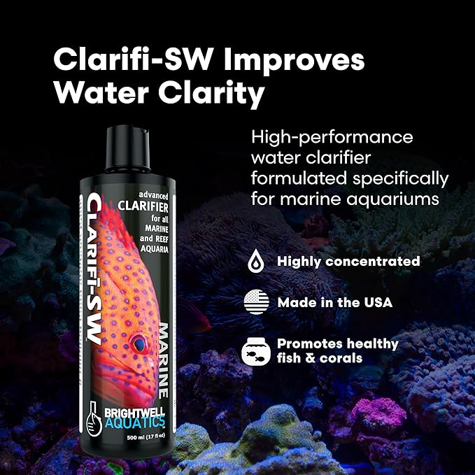 Brightwell Aquatics Clarifī-SW Marine Water Clarifier for Saltwater Aquariums Enhances Water Clarity by Removing Cloudiness with Protein Skimming and Mechanical Filtration Compatibility, 500 ml