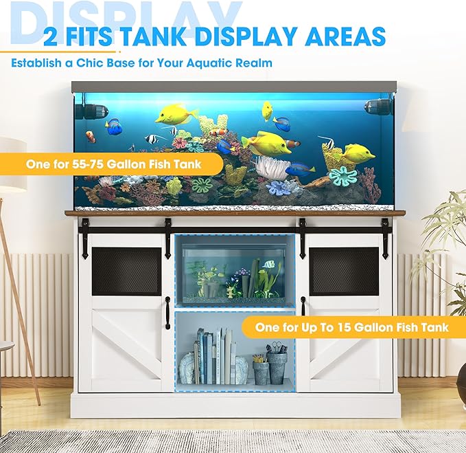 55-75 Gallon Fish Tank Stand with Sliding Barn Doors & Power Outlet, Heavy Duty Aquarium Stand with Cabinet Storage for 2 Fish Tank/Turtle Tank/Reptile Terrarium Accessories, 1300LBS (White)