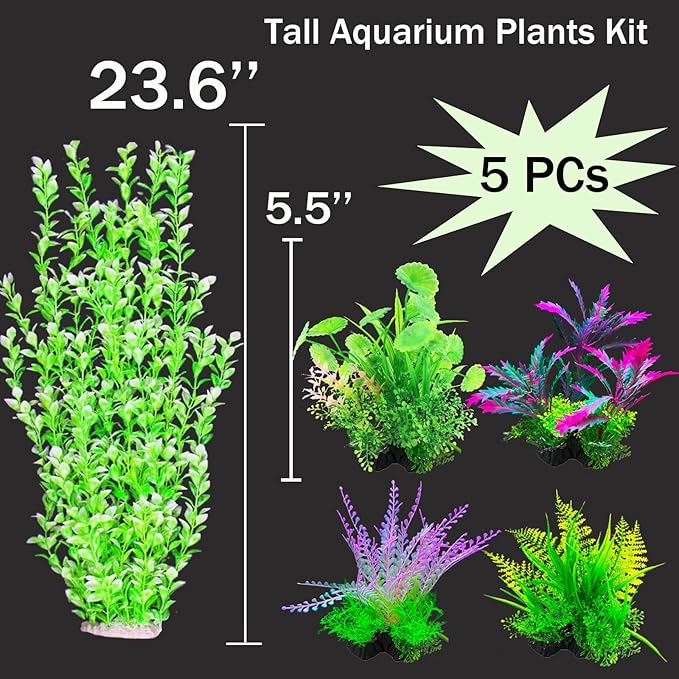5PCs Mult-Color Aquarium Decor Plants Set, 23.6 Inches Extra Large Artificial Plastic Fish Tank with 4 Plastic Plants, Tall Fish Tank Decorations
