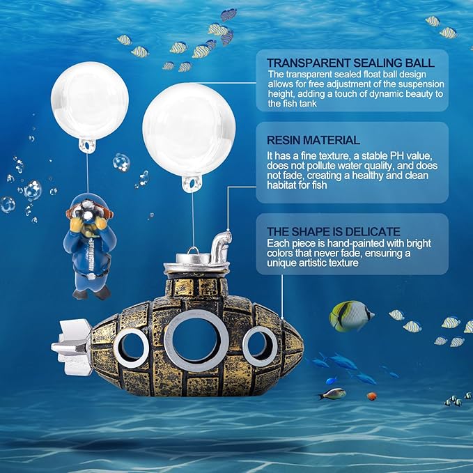CousDUoBe New Upgrade Floating Fish Tank Decoration, Cute Retro Submarine Set and Floating Diver,Three Float Balls, Aquarium Decorations Resinous Betta Fish Tank Accessories