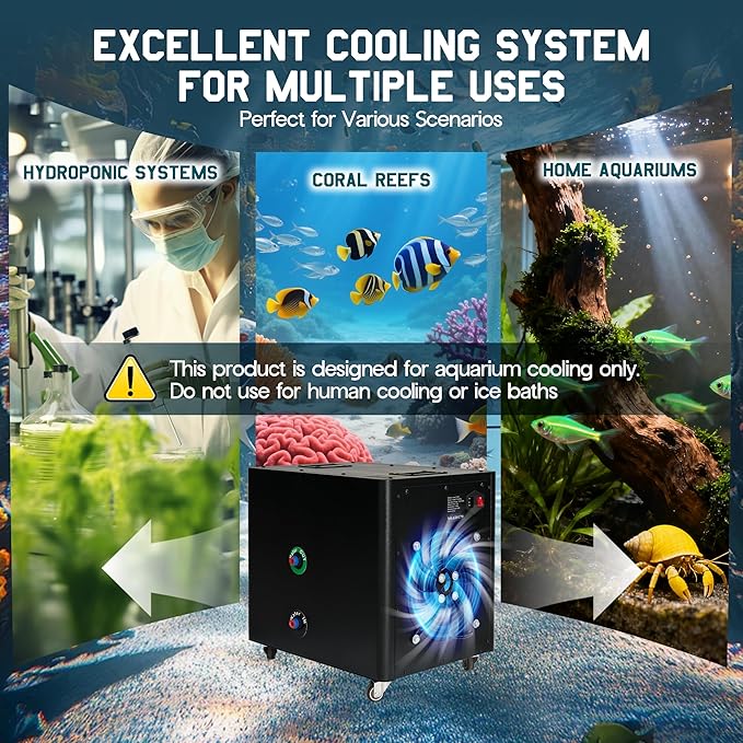 Albott 132 Gal Aquarium Cooler, 1/2 HP Water Chiller with Water Pump & 2 Pips, Hydroponics Chiller with Quiet Design Compressor & Wheels for Axolotl Fish Coral Shrimp, 110V, Black