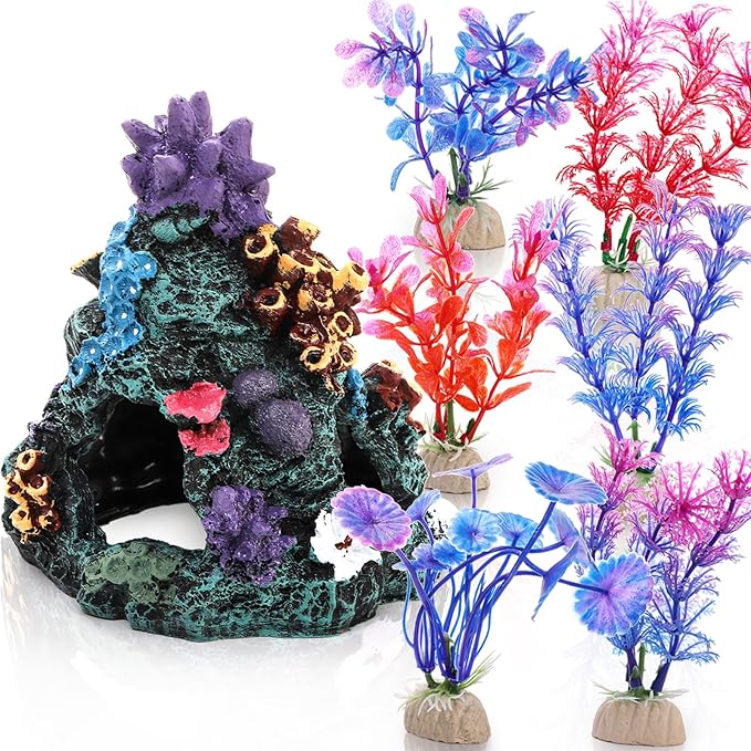 Eorbow 7 pcs Aquarium Colorful Coral Reef, Fish Tank Decoration Mountain Ornament, Rock Cave Landscape with 6 Aquatic Plants, Hideout House Decor for Betta Fish