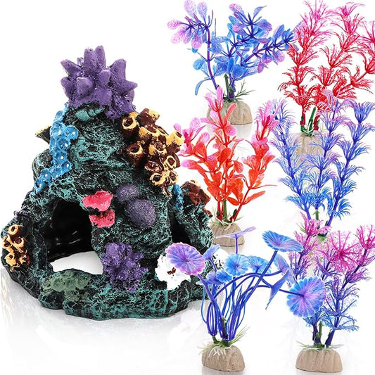 Eorbow 7 pcs Aquarium Colorful Coral Reef, Fish Tank Decoration Mountain Ornament, Rock Cave Landscape with 6 Aquatic Plants, Hideout House Decor for Betta Fish