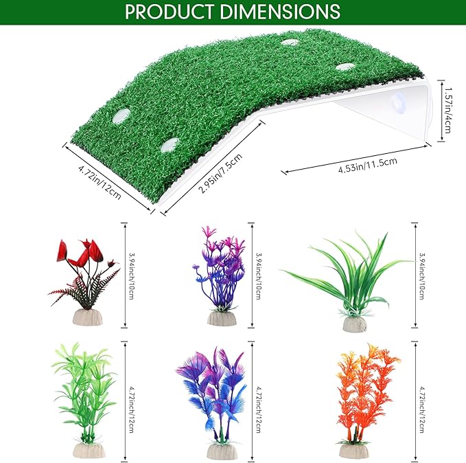 2 Pcs Turtle Basking Platform Ramp Medium Tortoise Terrace Resting Ladder Simulation Lawn and 6 Pcs Artificial Plastic Aquarium Plants Turtle Tank Accessories Decorations for Small Reptile Turtle