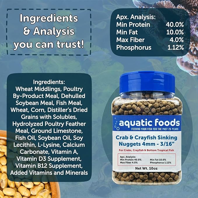 Crab & Crayfish 4mm-3/16 Sinking 40% Protein Nuggets for Crabs, Crayfish, Axolotl, Salamanders, Snails, All Bottom Tropical Fish... 4-lbs 12oz Jar
