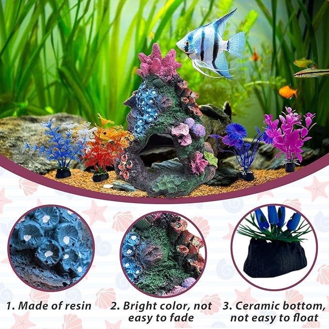 PINVNBY 5 PCS Colorful Coral Small Fish Tank Decorations, Resin Mountain Ornament and Artificial Aquarium Plants for Goldfish Betta Fish Tank Cave Hideout Sleep Rest Play Breed