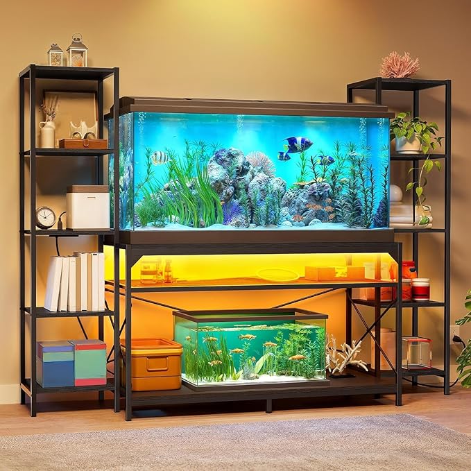 DWVO 55-75 Gallon Aquarium Stand with Power Outlets & LED Light, Display Stand for Turtle Tank, Reptile Terrarium, Heavy Duty Metal Fish Tank Stand Suitable for Living Room, Entryway, 860LBS Capacity