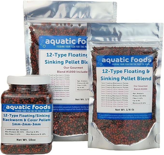 12-Type Ultra Mix of 1mm, 2mm, 3mm Floating & Sinking California Blackworm and Intense Coloring Pellets for All Tropical Fish & Pond Fish…10oz Jar