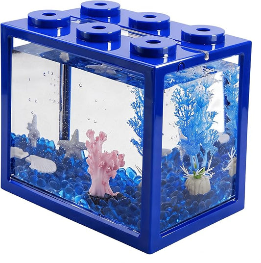Small Betta Fish Tank, Mini Fish Tank Aquarium Tank Kit with Blue Gravel & Resin Decorations, 0.6 Gallon Stackable Fish Bowl Tiny Desktop Aquarium for Sea Monkey Shrimp (Blue)