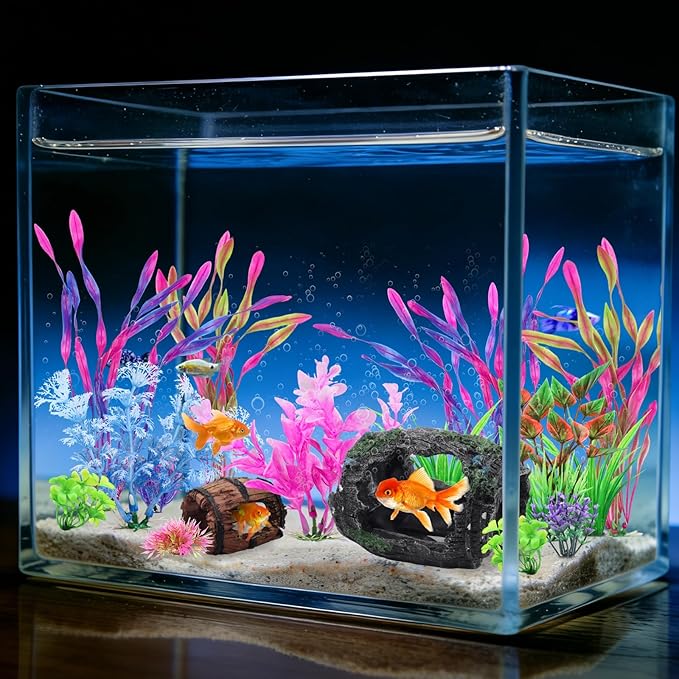 QUOZUO 16 Pcs Aquarium Artificial Plastic Plants Decorations and Broken Barrels Set, Colorful Fish Tank Accessories Hideout Ornaments Aquarium Decor Set
