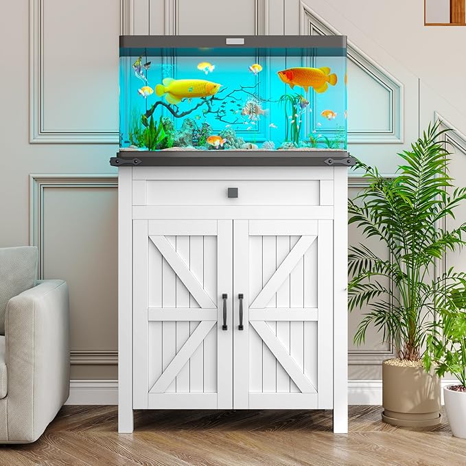 kepptory 20 Gallon Fish Tank Stand with Power Outlets, Farmhouse Decorative Aquarium Stand Furniture with Adjustable Shelves, 10-20 Gallon Reptile Turtle Tank Stand with Cabinet Storage (White, 20GL)