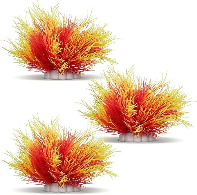 Telooco 3 Pack Aquarium Plants Plastic Realistic Fish Tank Plants with Weighted Base Aquarium Decor for Betta Tanks Aquascaping Reptile Terrariums (Pink and Yellow)