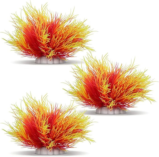 Telooco 3 Pack Aquarium Plants Plastic Realistic Fish Tank Plants with Weighted Base Aquarium Decor for Betta Tanks Aquascaping Reptile Terrariums (Pink and Yellow)