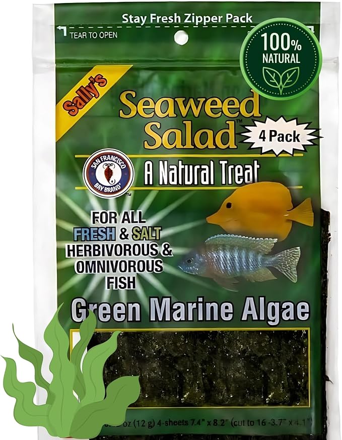 San Francisco Bay Brand Fish Food Seaweed Sheets - Dried Kelp for Herbivorous and Omnivorous Freshwater and Saltwater Fish - Promote Growth, Support Color, Maintain Health - 4 Pack (16 Mini Sheets)