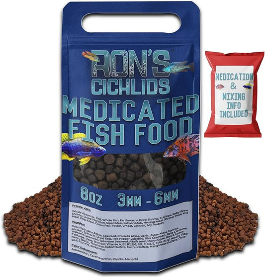RON'S CICHLIDS Medicated Big Boy Blend African Cichlid Fish Food, Premium Tropical Fish Food Pellets with Protein, Veggies & Fruits for Healthier, Brighter & Bigger Tropical Fish & Cleaner Tanks, 8 OZ