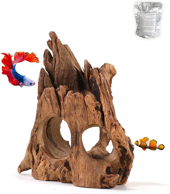 Aquarium Driftwood Cave for Betta Fish Shrimp Hideout, 7-10" Natural Porous Driftwood for Aquascaping with Low Tannins, Fish Tank Decoration Hideaway with Protein Cotton(No Need to Boil)