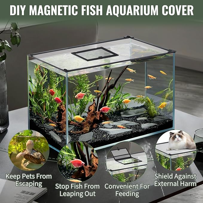 Magnetic Aquarium Cover Fish Tank Lid 59.1 x 19.7 Inch Fish Net Cover with Feeding Window Complete Accessories for Easy Installation and Anti-Jumping Protection for Fish and Reptiles