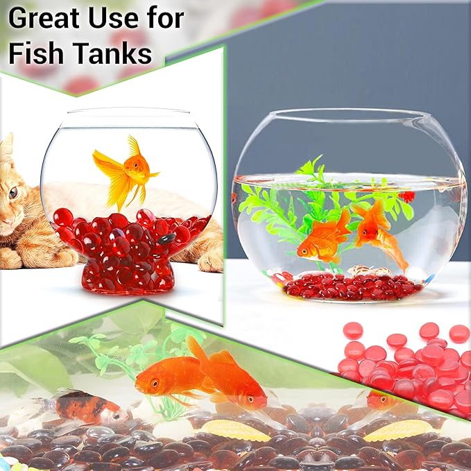 ARSUK 1LB Red Glass Pebbles for Vase Fillers, Aquarium Gravel, Decorative Stones for Crafts, Fish Tanks, Plant Pots, Wedding, Garden, Home Decor – Flat Glass Marbles (Red, 1LB)