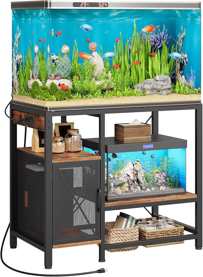 MAHANCRIS 40-50 Gallon Fish Tank Stand, Aquarium Stand with Power Outlet and Storage Cabinet, Heavy Duty Tank Stand Suitable for Turtle Tank, Reptile Terrarium, for Home Office, Rustic Brown FTHR50E01