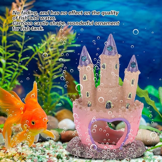 HERCHR Castle Aquarium Decoration, Fish Tanks Ornament Resin Castle Cave Hideouts House Plants Supplies Accessories Safe for Freshwater and Saltwater Fish Tanks(Pink)