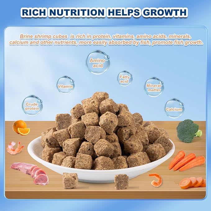 Freeze Dried Brine Shrimp Cubes -100% Pure High Protein Fish Food for Tropical, Marine & Freshwater Fish, Aquatic Turtles (4oz)