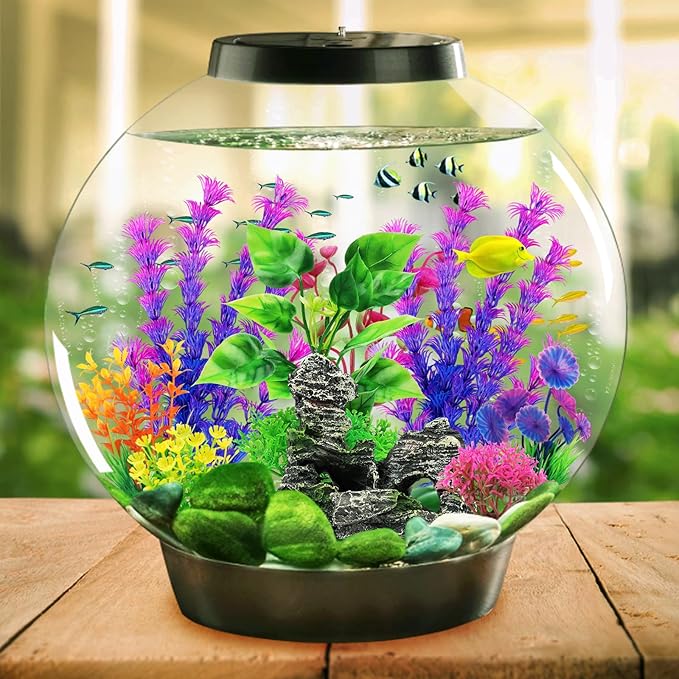 QUOZUO Fish Tank Accessories Aquarium Decorations Plants, 9pcs Colorful Fish Tank Artificial Plants and Cave Rock Decor Set, Aquarium Decor Plastic Plants