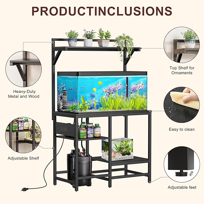 40 Gallon Fish Tank Stand, Aquarium Stand with Power Outlet, Heavy-Duty Reptile Terrarium Stand Table with Top Shelf and 4-Tier Adjustable Storage Shelves, 37.4" L x 19.7" W x 30" H(Black)